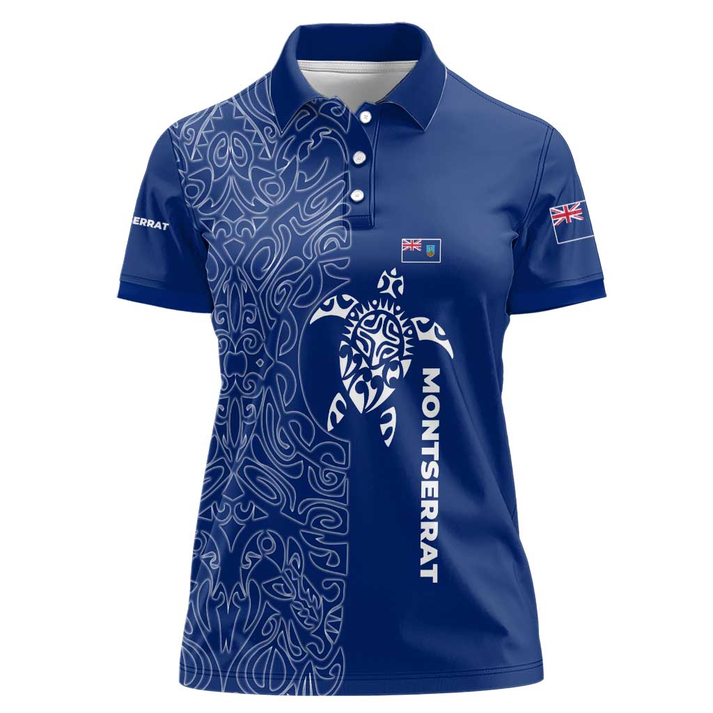 Montserrat Women Polo Shirt with Tribal Sea Turtle Illustration Blue Polynesian Pattern Design - Wonder Print Shop