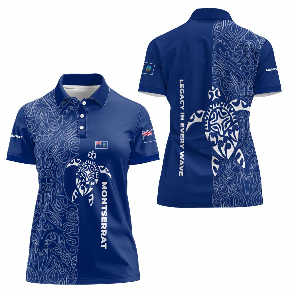 Montserrat Women Polo Shirt with Tribal Sea Turtle Illustration Blue Polynesian Pattern Design - Wonder Print Shop