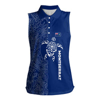 Montserrat Women Sleeveless Polo Shirt with Tribal Sea Turtle Illustration Blue Polynesian Pattern Design - Wonder Print Shop
