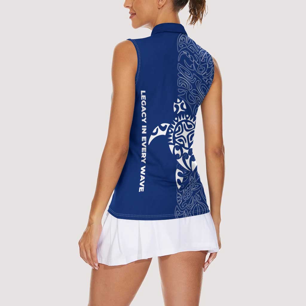 Montserrat Women Sleeveless Polo Shirt with Tribal Sea Turtle Illustration Blue Polynesian Pattern Design - Wonder Print Shop