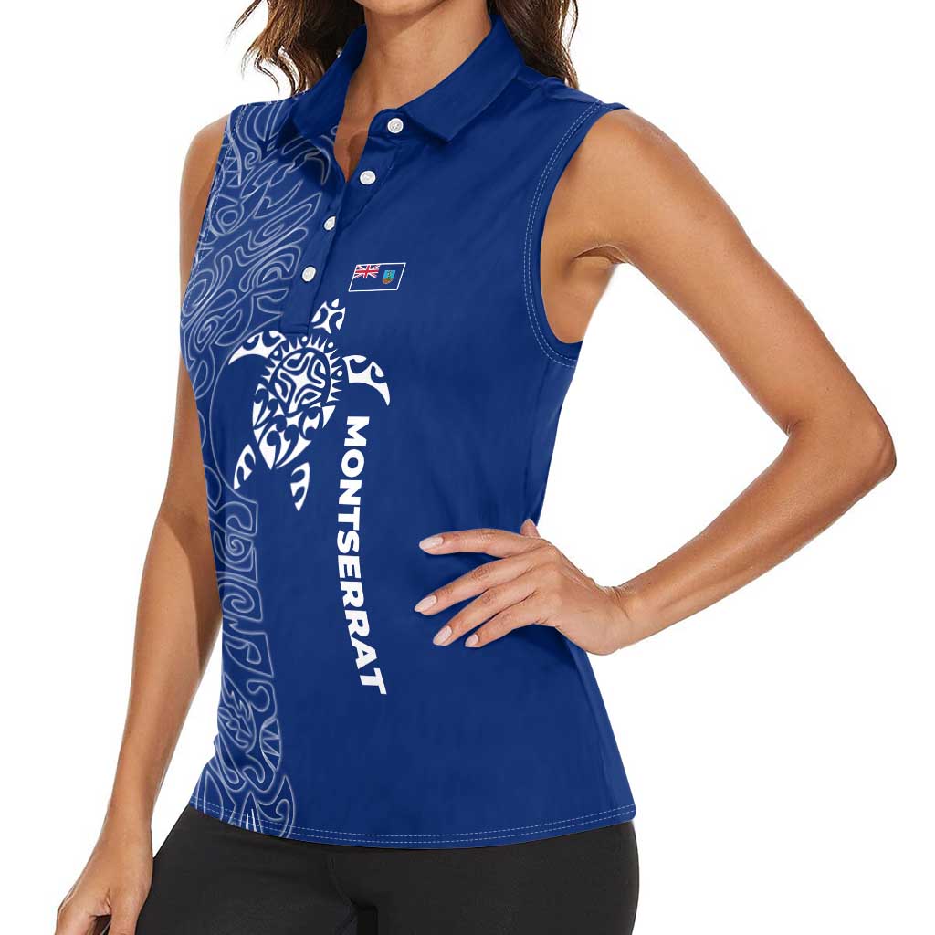Montserrat Women Sleeveless Polo Shirt with Tribal Sea Turtle Illustration Blue Polynesian Pattern Design - Wonder Print Shop