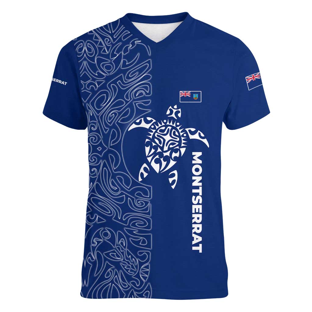 Montserrat Women V-Neck T-Shirt with Tribal Sea Turtle Illustration Blue Polynesian Pattern Design - Wonder Print Shop