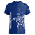 Montserrat Women V-Neck T-Shirt with Tribal Sea Turtle Illustration Blue Polynesian Pattern Design - Wonder Print Shop