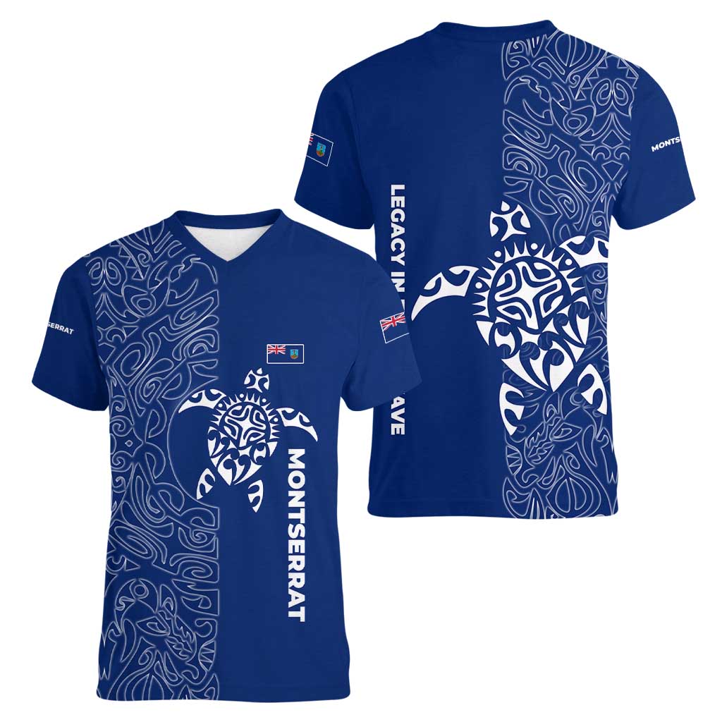 Montserrat Women V-Neck T-Shirt with Tribal Sea Turtle Illustration Blue Polynesian Pattern Design - Wonder Print Shop