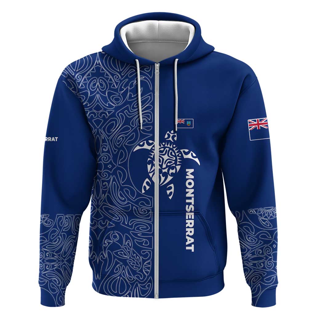 Montserrat Zip Hoodie with Tribal Sea Turtle Illustration Blue Polynesian Pattern Design - Wonder Print Shop