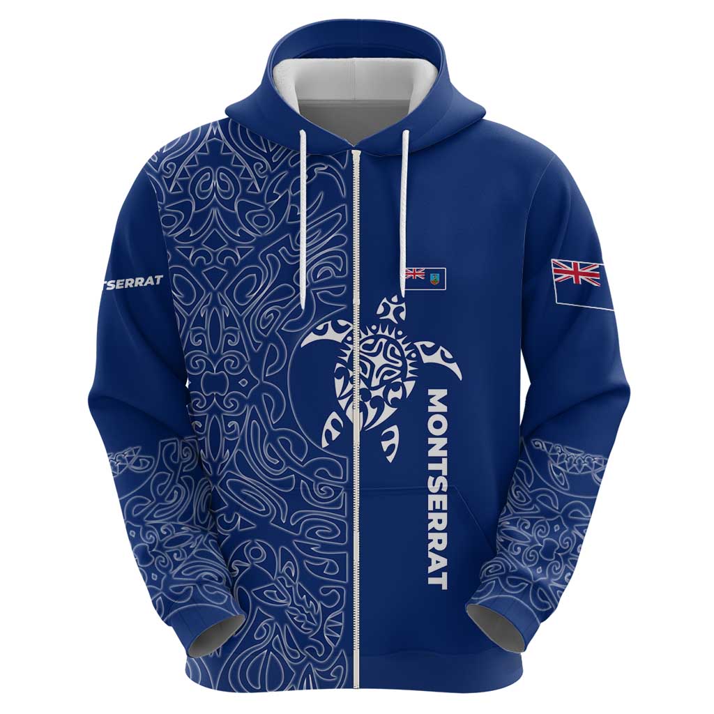 Montserrat Zip Hoodie with Tribal Sea Turtle Illustration Blue Polynesian Pattern Design - Wonder Print Shop