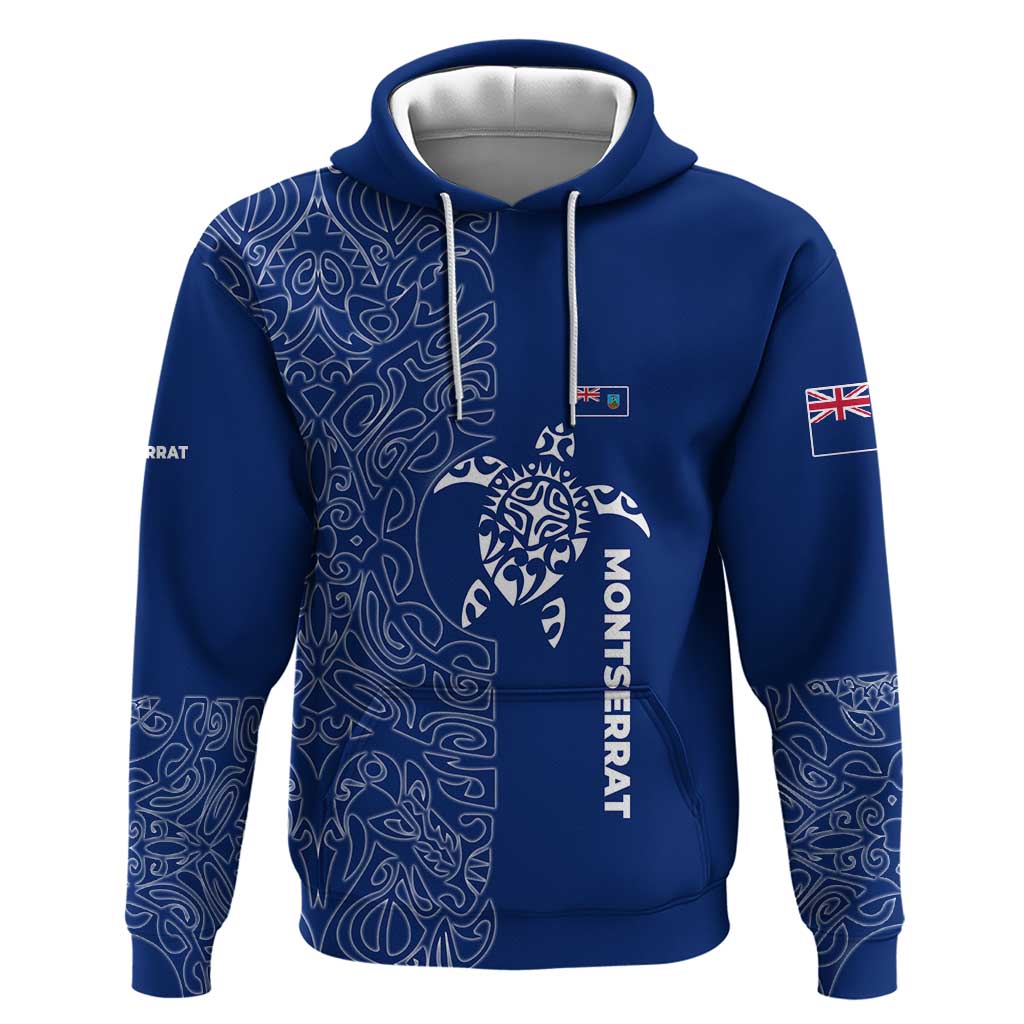 Montserrat Zip Hoodie with Tribal Sea Turtle Illustration Blue Polynesian Pattern Design - Wonder Print Shop