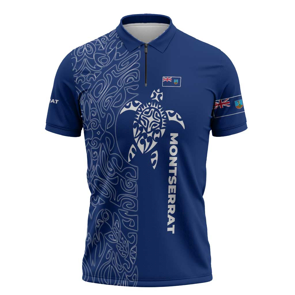 Montserrat Zipper Polo Shirt with Tribal Sea Turtle Illustration Blue Polynesian Pattern Design - Wonder Print Shop