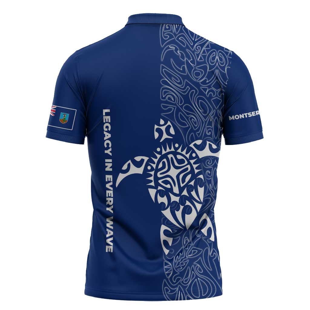 Montserrat Zipper Polo Shirt with Tribal Sea Turtle Illustration Blue Polynesian Pattern Design - Wonder Print Shop