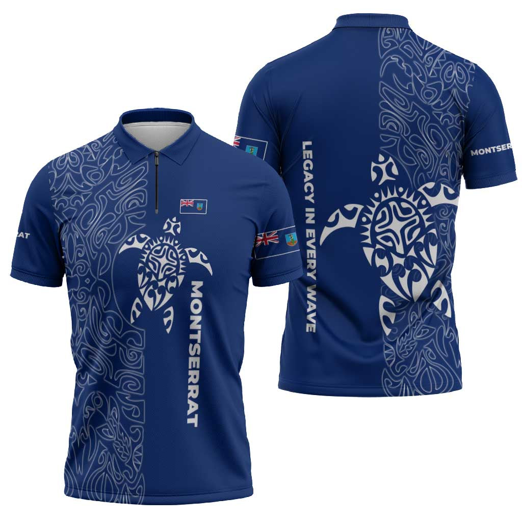Montserrat Zipper Polo Shirt with Tribal Sea Turtle Illustration Blue Polynesian Pattern Design - Wonder Print Shop