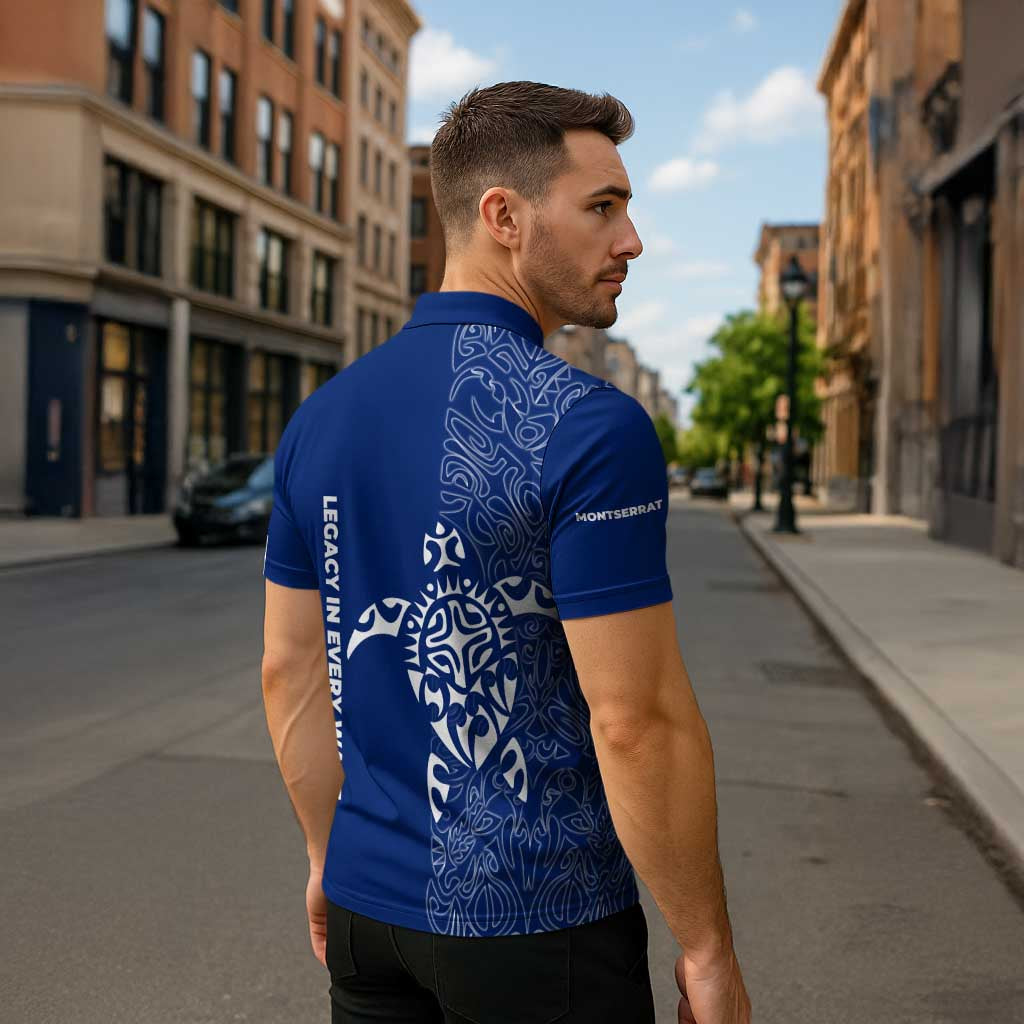 Montserrat Zipper Polo Shirt with Tribal Sea Turtle Illustration Blue Polynesian Pattern Design - Wonder Print Shop
