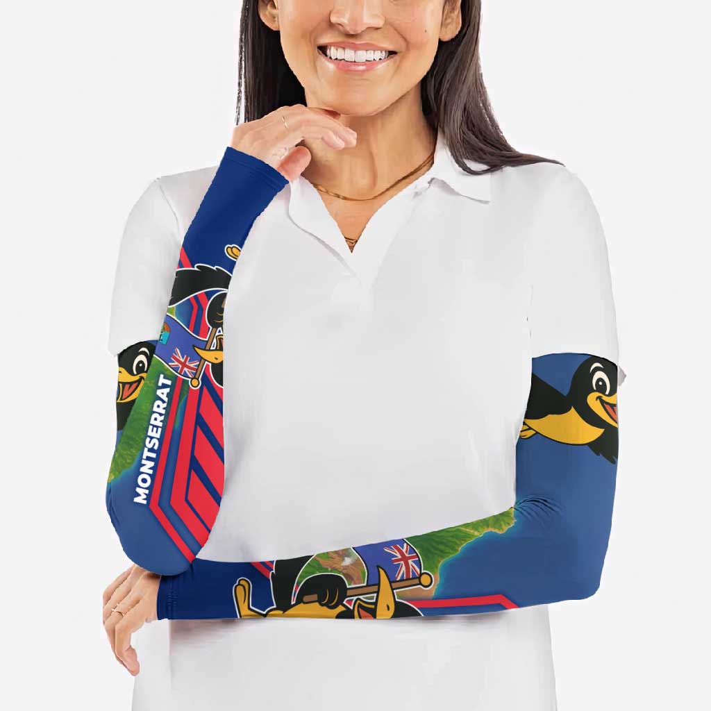 Montserrat Arm Sleeves with Cartoon Bird and Island Map Blue Red Stripe Design - Wonder Print Shop
