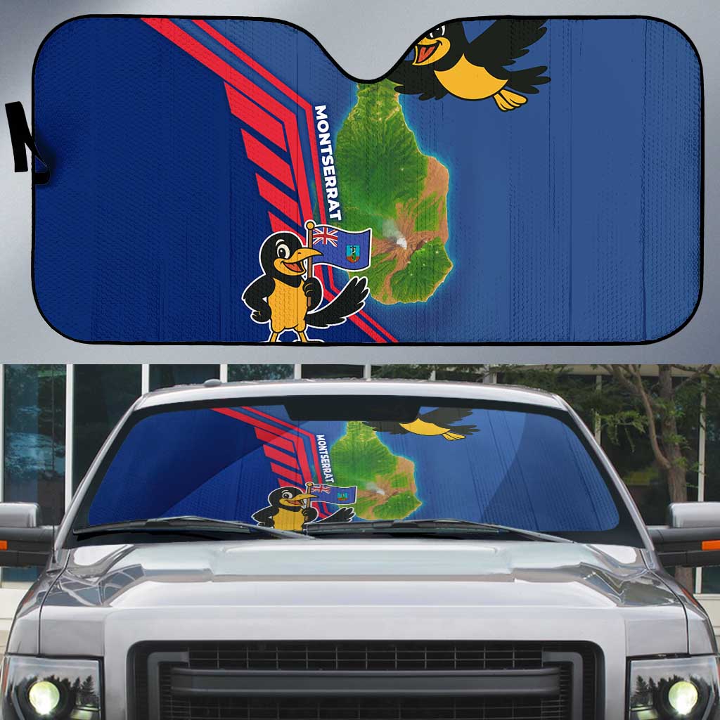Montserrat Auto Sun Shade with Cartoon Bird and Island Map Blue Red Stripe Design - Wonder Print Shop