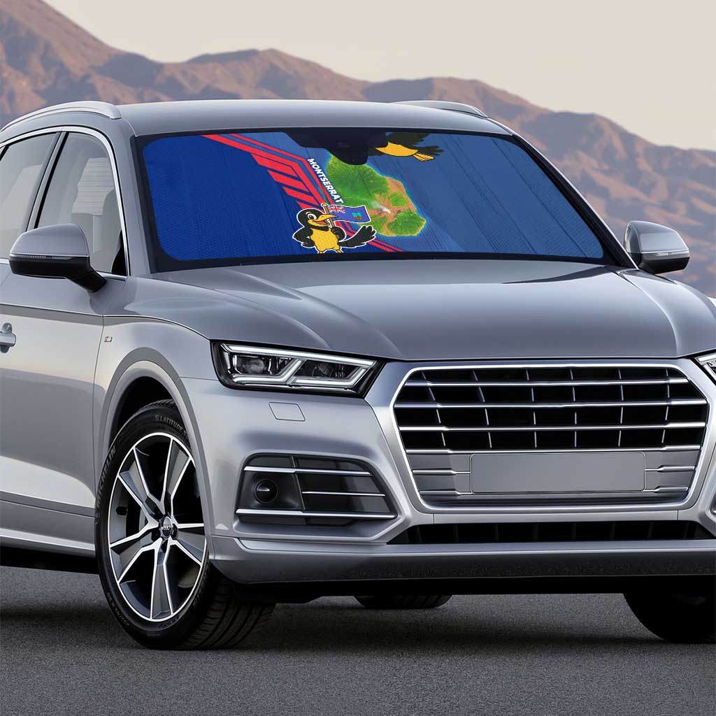 Montserrat Auto Sun Shade with Cartoon Bird and Island Map Blue Red Stripe Design - Wonder Print Shop