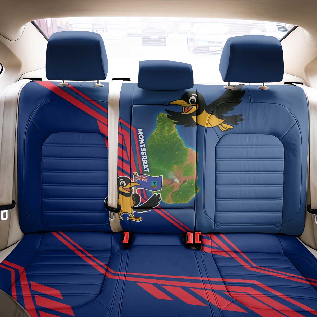 Montserrat Back Car Seat Cover with Cartoon Bird and Island Map Blue Red Stripe Design - Wonder Print Shop