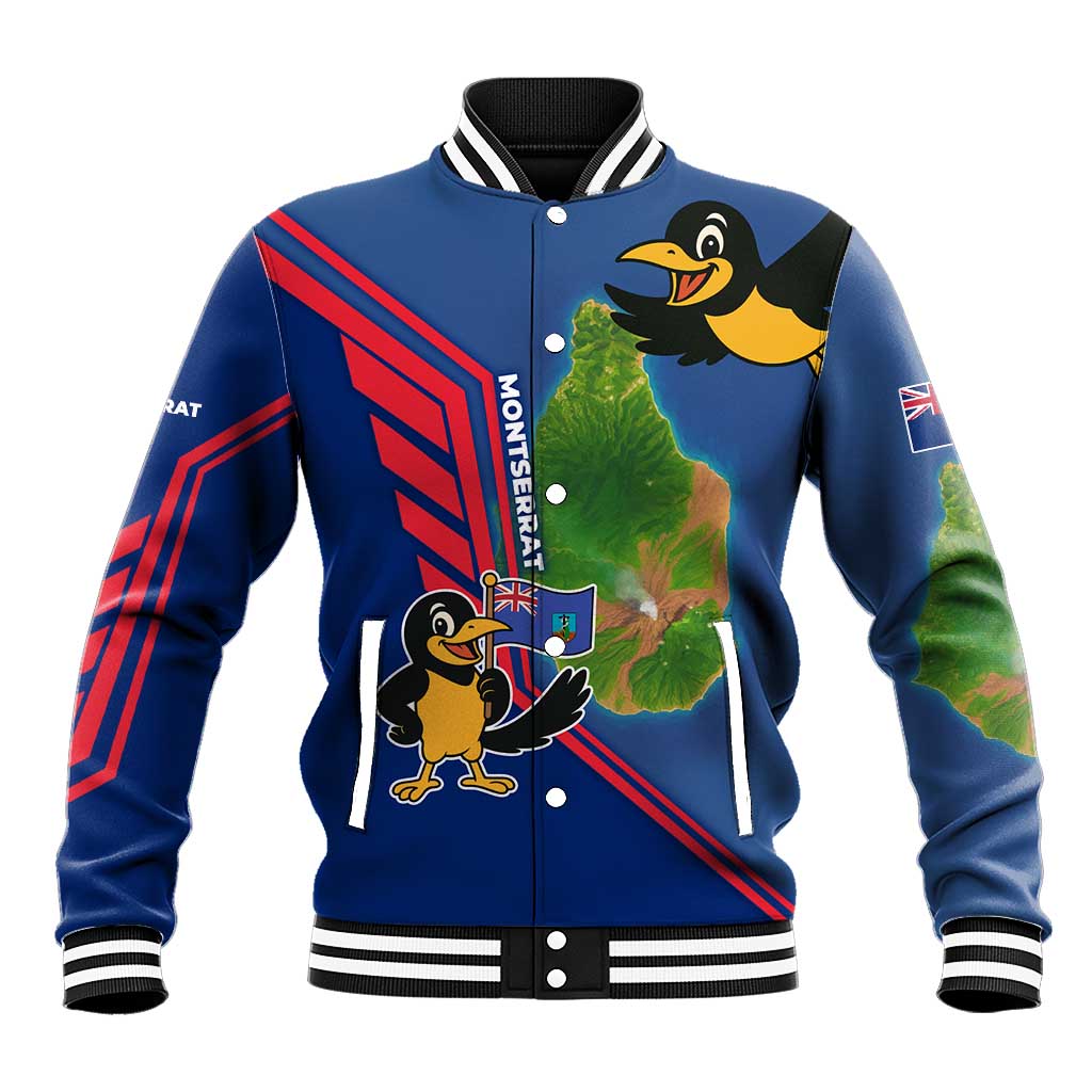 Montserrat Baseball Jacket with Cartoon Bird and Island Map Blue Red Stripe Design - Wonder Print Shop