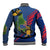 Montserrat Baseball Jacket with Cartoon Bird and Island Map Blue Red Stripe Design - Wonder Print Shop