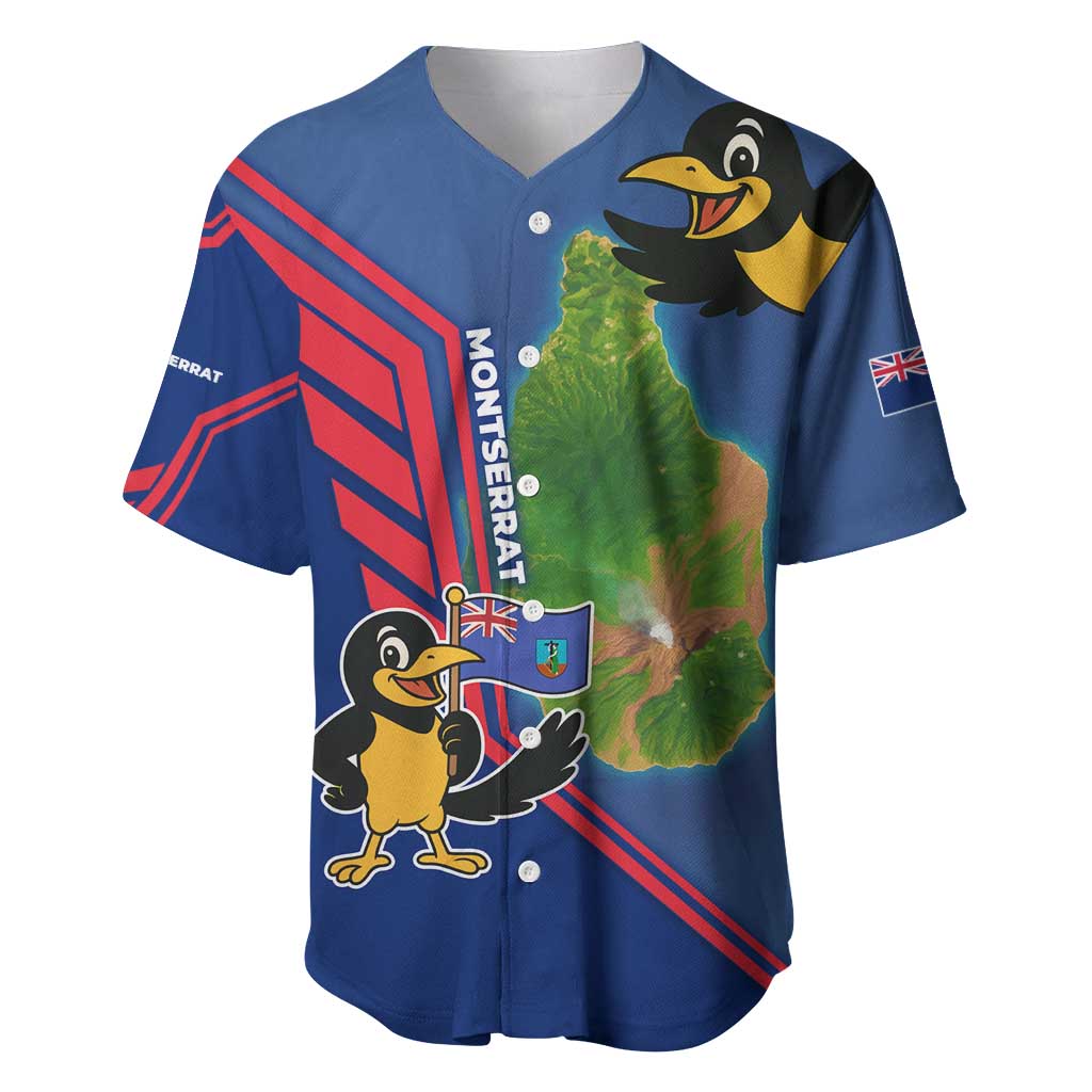 Montserrat Baseball Jersey with Cartoon Bird and Island Map Blue Red Stripe Design - Wonder Print Shop