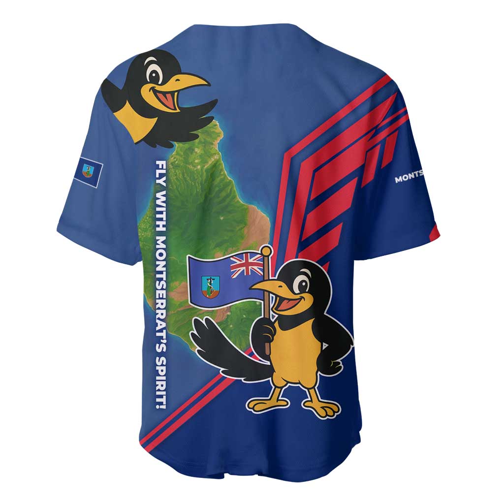 Montserrat Baseball Jersey with Cartoon Bird and Island Map Blue Red Stripe Design - Wonder Print Shop