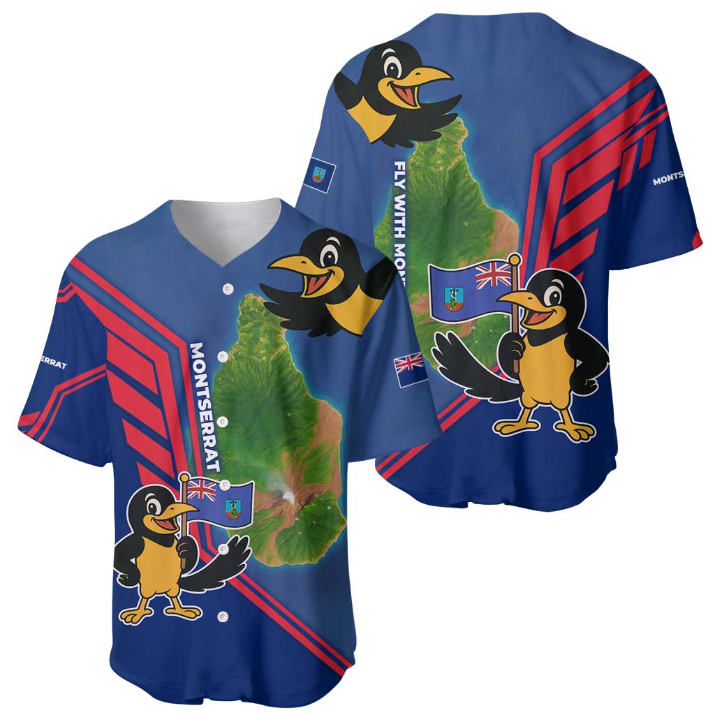 Montserrat Baseball Jersey with Cartoon Bird and Island Map Blue Red Stripe Design - Wonder Print Shop