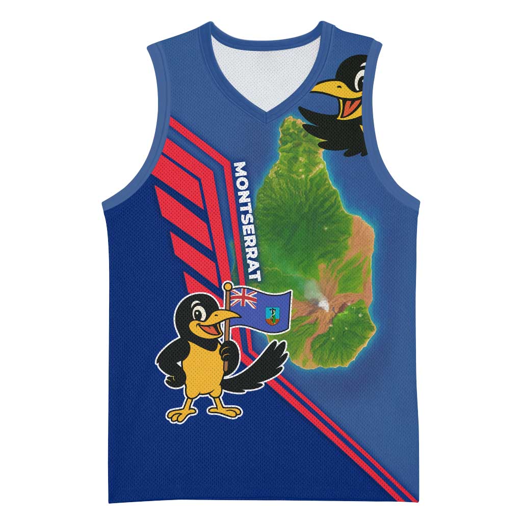 Montserrat Basketball Jersey with Cartoon Bird and Island Map Blue Red Stripe Design - Wonder Print Shop