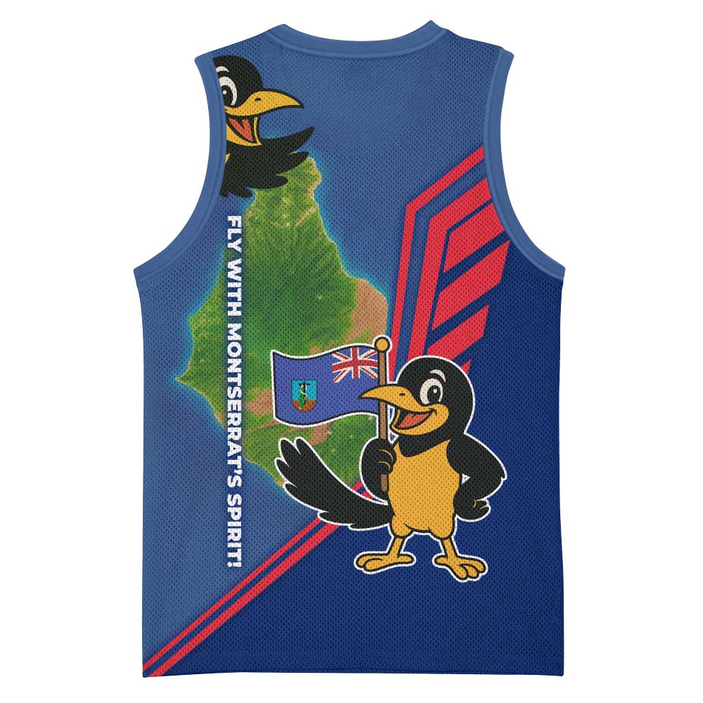 Montserrat Basketball Jersey with Cartoon Bird and Island Map Blue Red Stripe Design - Wonder Print Shop