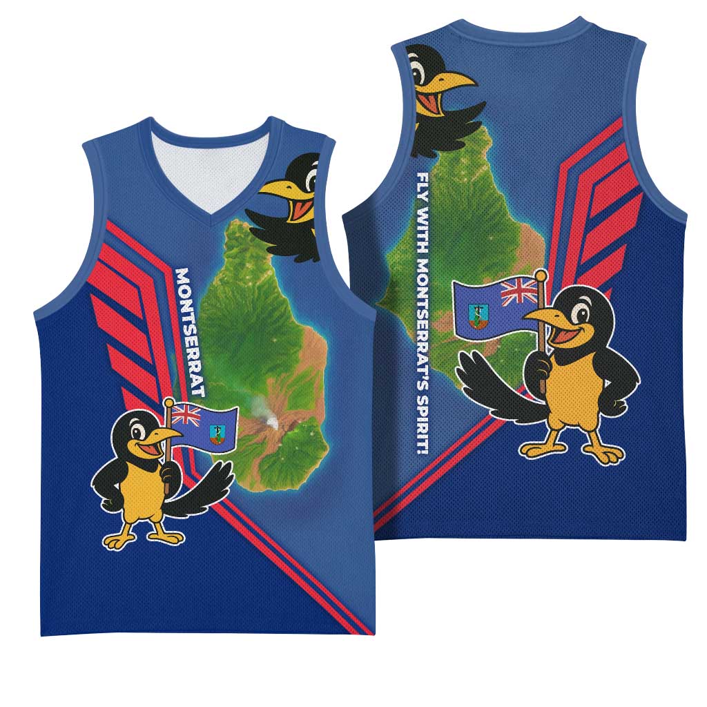 Montserrat Basketball Jersey with Cartoon Bird and Island Map Blue Red Stripe Design - Wonder Print Shop