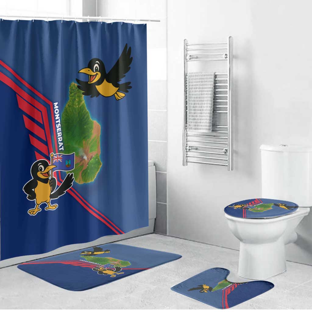 Montserrat Bathroom Set with Cartoon Bird and Island Map Blue Red Stripe Design - Wonder Print Shop