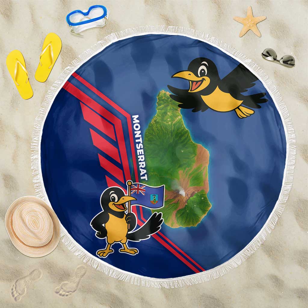 Montserrat Beach Blanket with Cartoon Bird and Island Map Blue Red Stripe Design - Wonder Print Shop