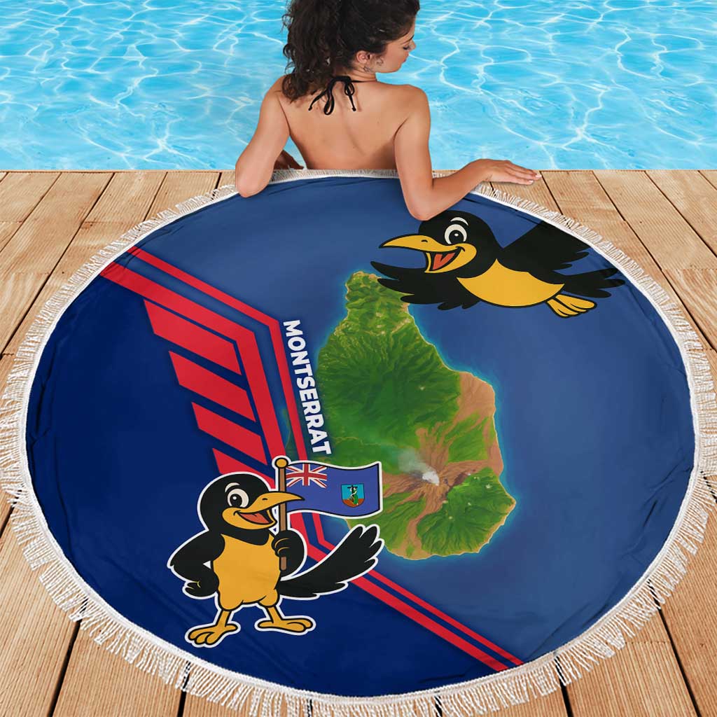 Montserrat Beach Blanket with Cartoon Bird and Island Map Blue Red Stripe Design - Wonder Print Shop