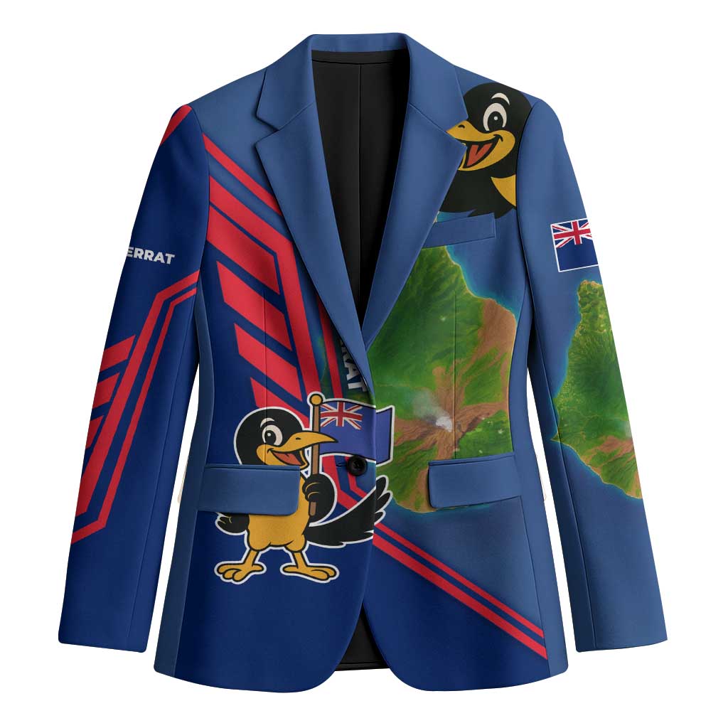 Montserrat Blazer with Cartoon Bird and Island Map Blue Red Stripe Design - Wonder Print Shop