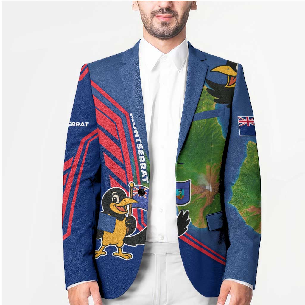 Montserrat Blazer with Cartoon Bird and Island Map Blue Red Stripe Design - Wonder Print Shop