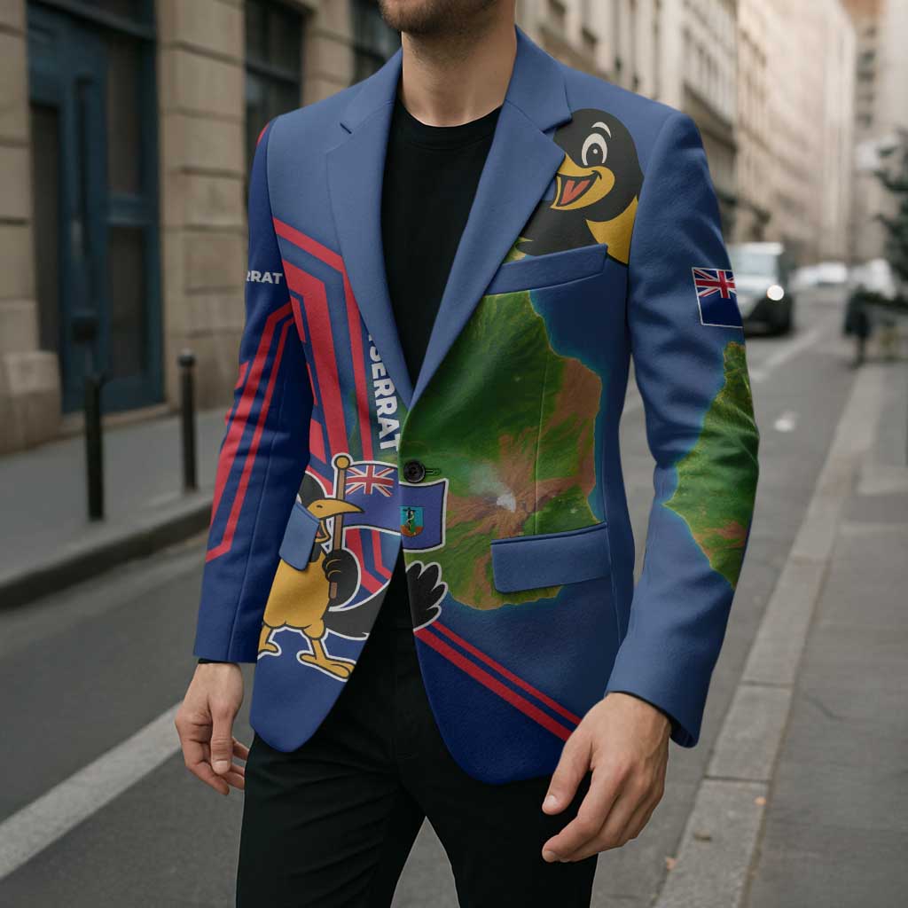 Montserrat Blazer with Cartoon Bird and Island Map Blue Red Stripe Design - Wonder Print Shop
