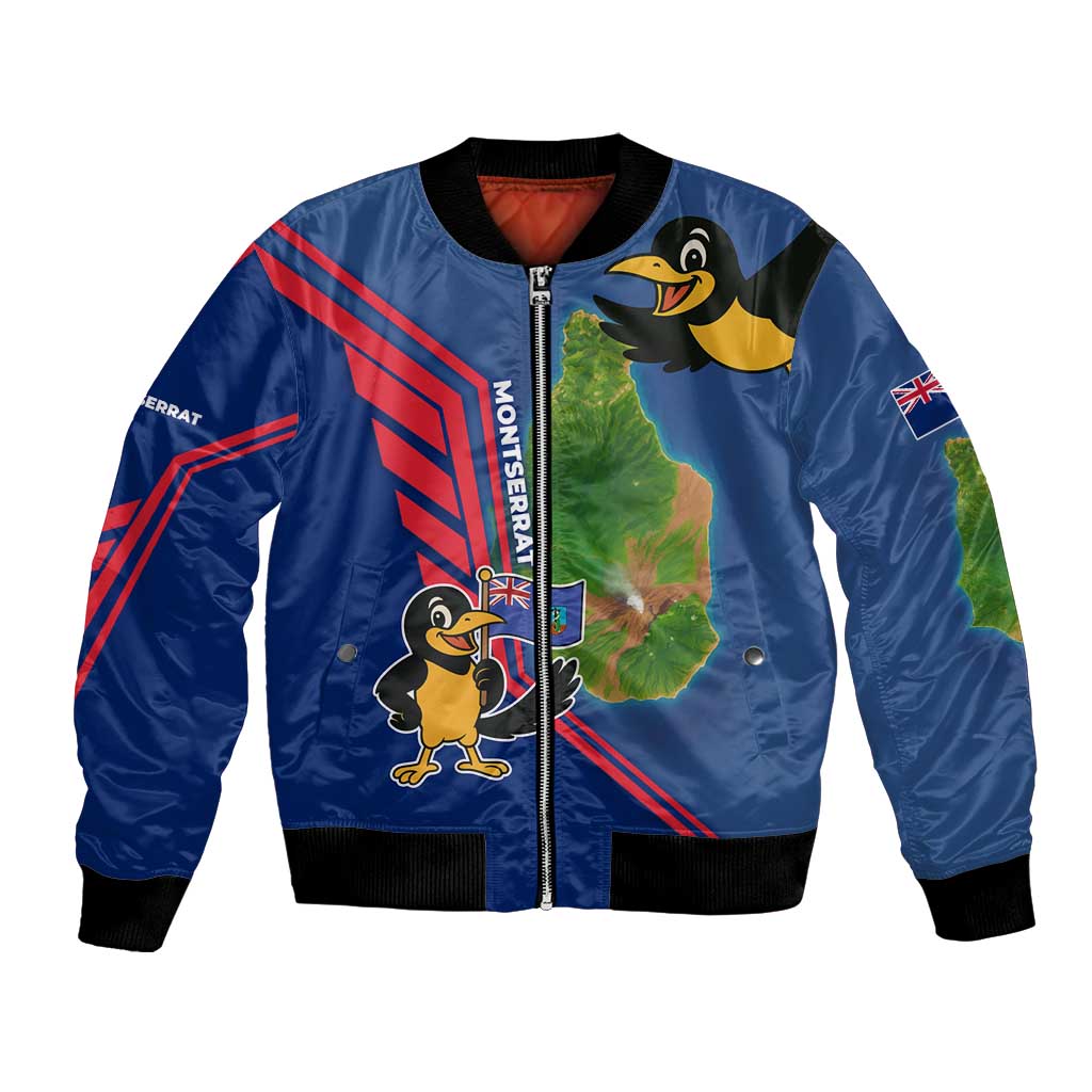 Montserrat Bomber Jacket with Cartoon Bird and Island Map Blue Red Stripe Design - Wonder Print Shop