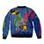 Montserrat Bomber Jacket with Cartoon Bird and Island Map Blue Red Stripe Design - Wonder Print Shop