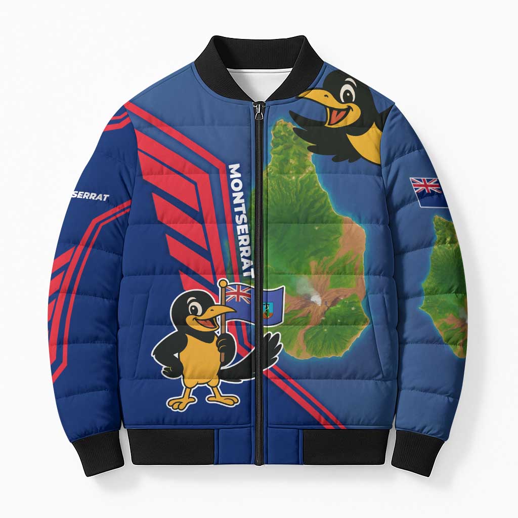 Montserrat Bomber Puffer Jacket with Cartoon Bird and Island Map Blue Red Stripe Design - Wonder Print Shop