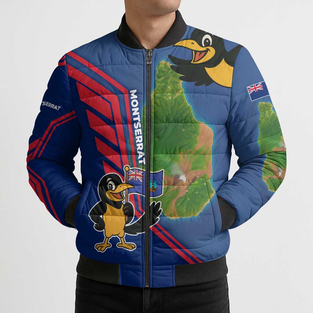 Montserrat Bomber Puffer Jacket with Cartoon Bird and Island Map Blue Red Stripe Design - Wonder Print Shop