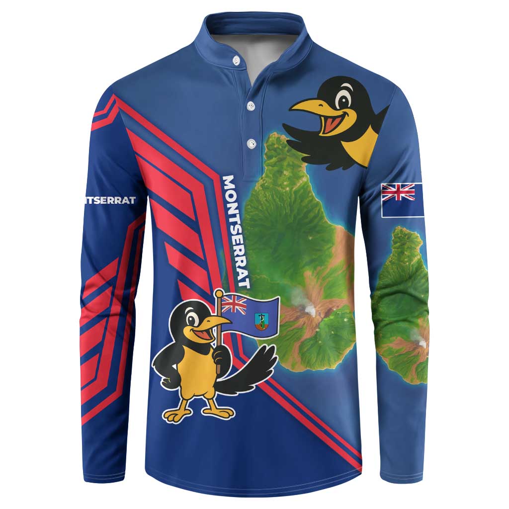 Montserrat Button Sweatshirt with Cartoon Bird and Island Map Blue Red Stripe Design - Wonder Print Shop