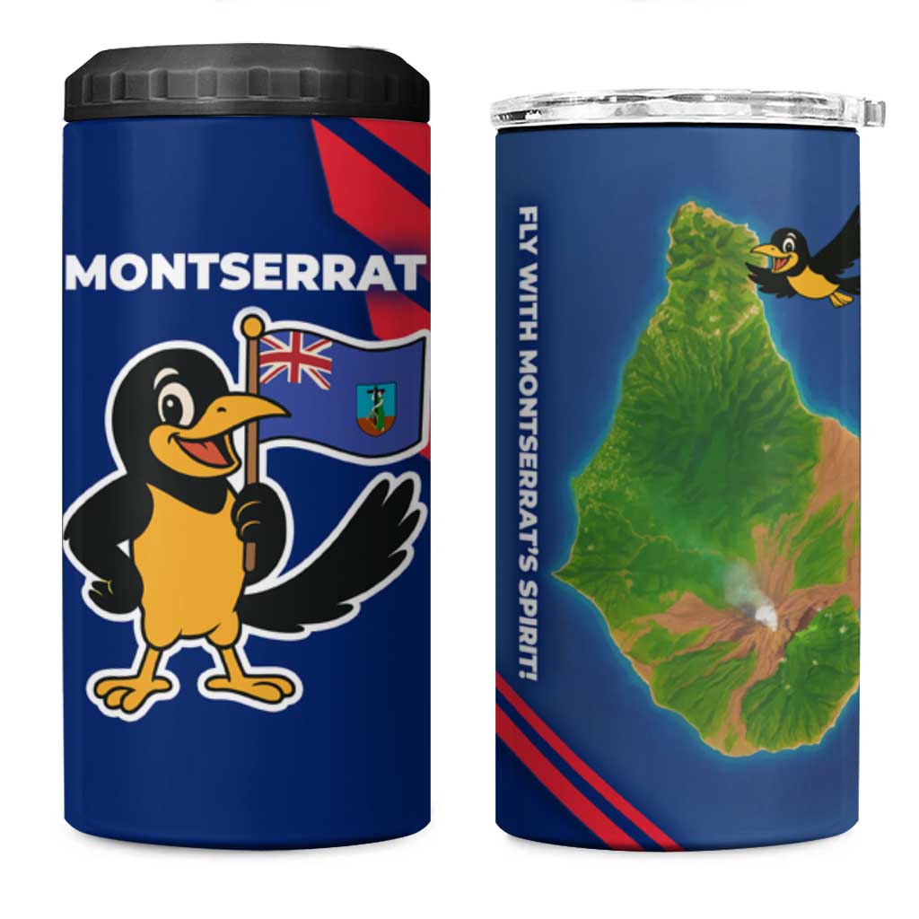Montserrat 4 in 1 Can Cooler Tumbler with Cartoon Bird and Island Map Blue Red Stripe Design - Wonder Print Shop