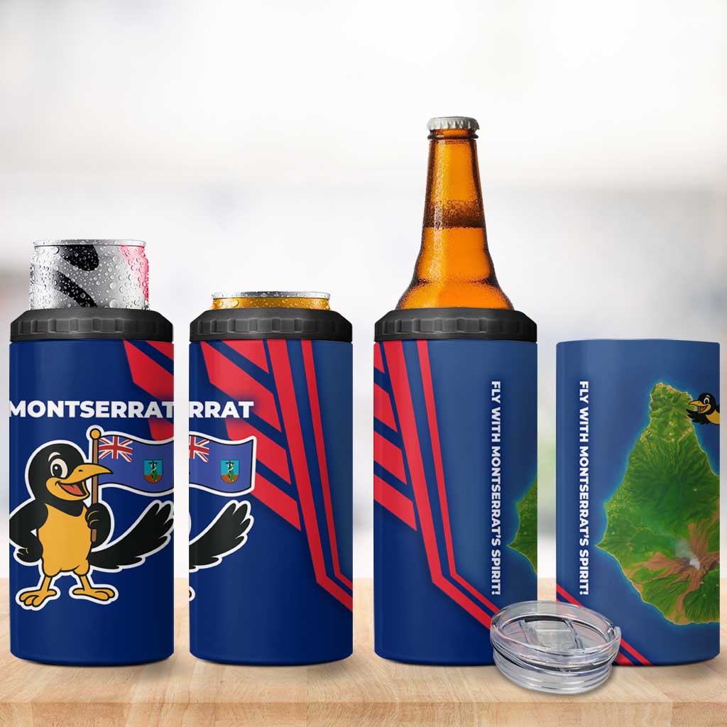Montserrat 4 in 1 Can Cooler Tumbler with Cartoon Bird and Island Map Blue Red Stripe Design - Wonder Print Shop
