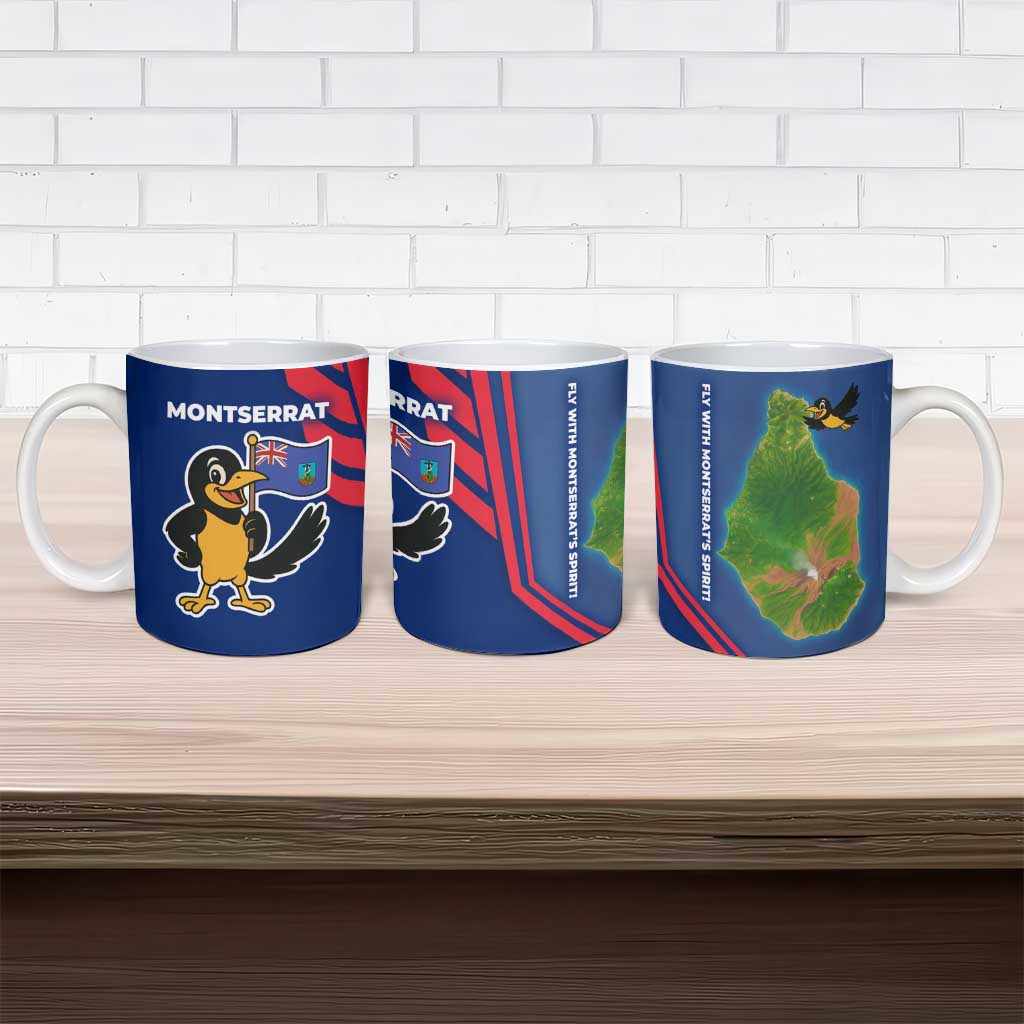 Montserrat Ceramic Mug with Cartoon Bird and Island Map Blue Red Stripe Design - Wonder Print Shop
