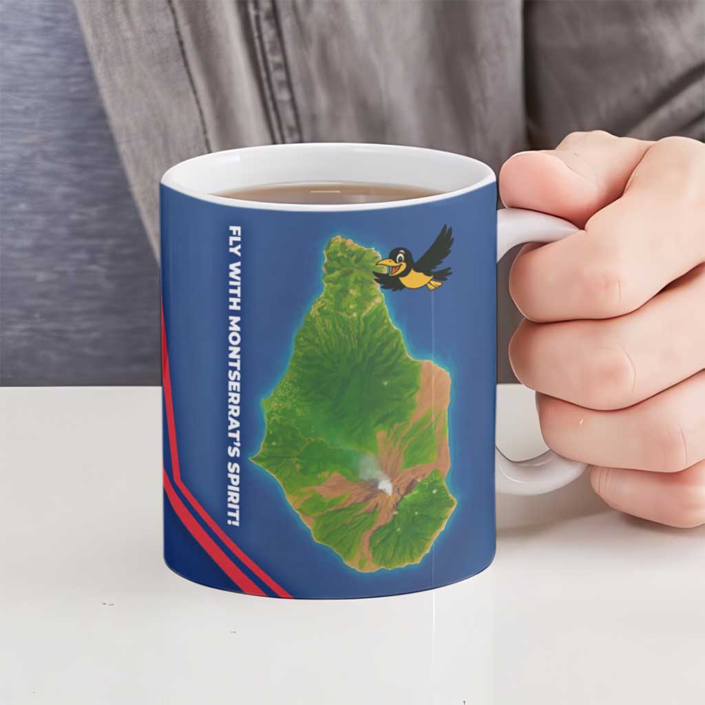 Montserrat Ceramic Mug with Cartoon Bird and Island Map Blue Red Stripe Design - Wonder Print Shop