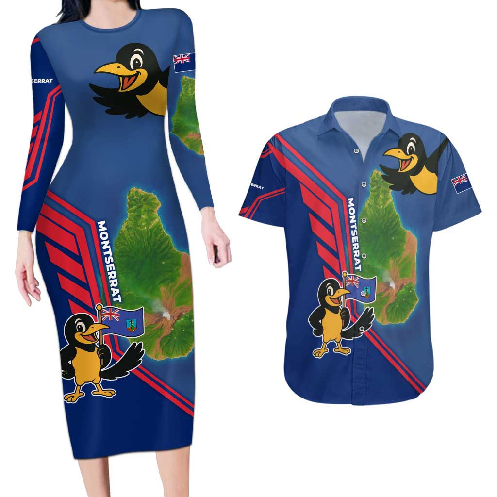 Montserrat Couples Matching Long Sleeve Bodycon Dress and Hawaiian Shirt with Cartoon Bird and Island Map Blue Red Stripe Design - Wonder Print Shop