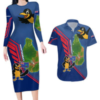 Montserrat Couples Matching Long Sleeve Bodycon Dress and Hawaiian Shirt with Cartoon Bird and Island Map Blue Red Stripe Design - Wonder Print Shop