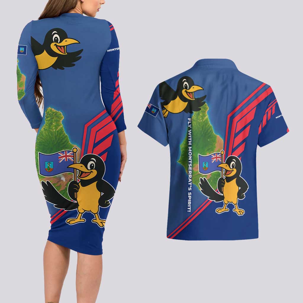 Montserrat Couples Matching Long Sleeve Bodycon Dress and Hawaiian Shirt with Cartoon Bird and Island Map Blue Red Stripe Design - Wonder Print Shop