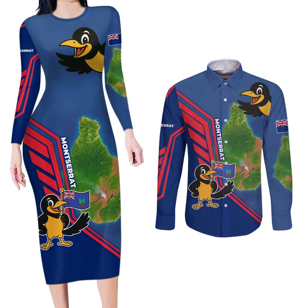 Montserrat Couples Matching Long Sleeve Bodycon Dress and Long Sleeve Button Shirt with Cartoon Bird and Island Map Blue Red Stripe Design - Wonder Print Shop