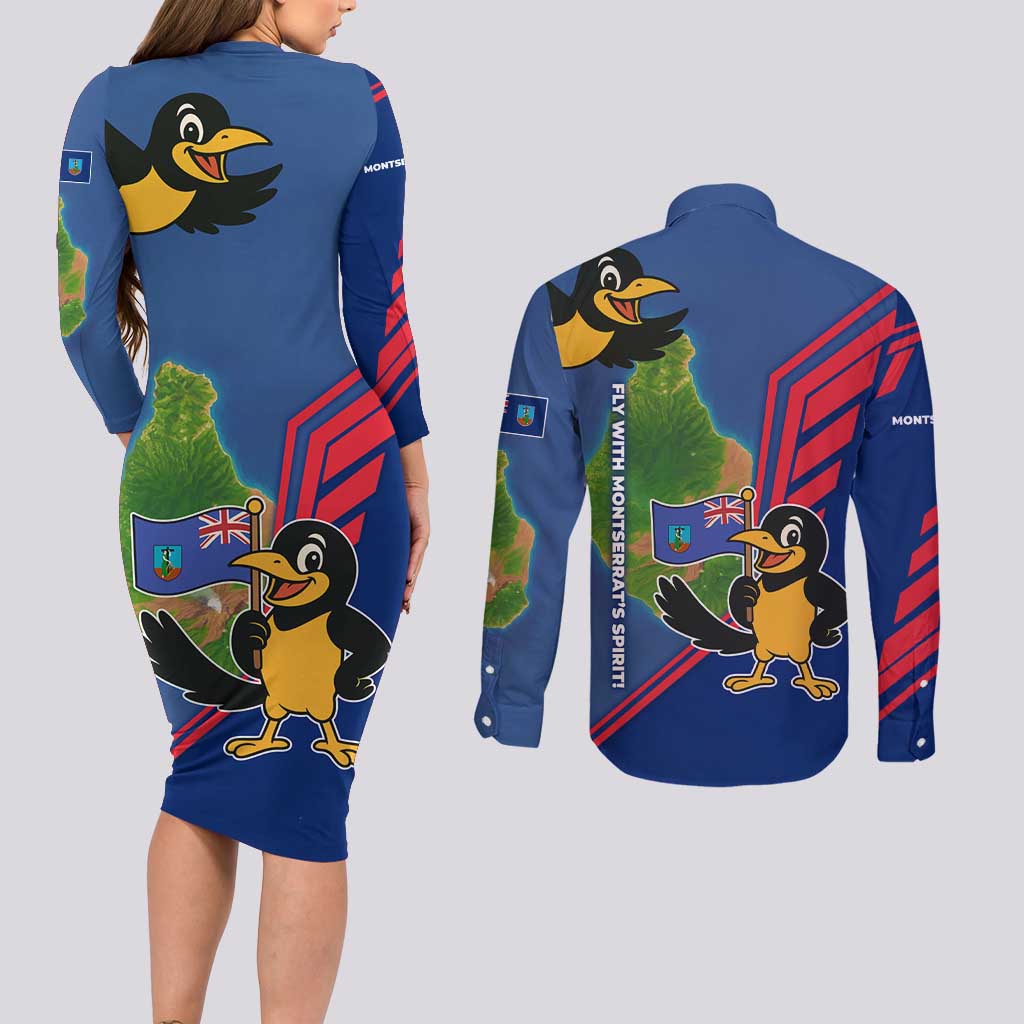 Montserrat Couples Matching Long Sleeve Bodycon Dress and Long Sleeve Button Shirt with Cartoon Bird and Island Map Blue Red Stripe Design - Wonder Print Shop