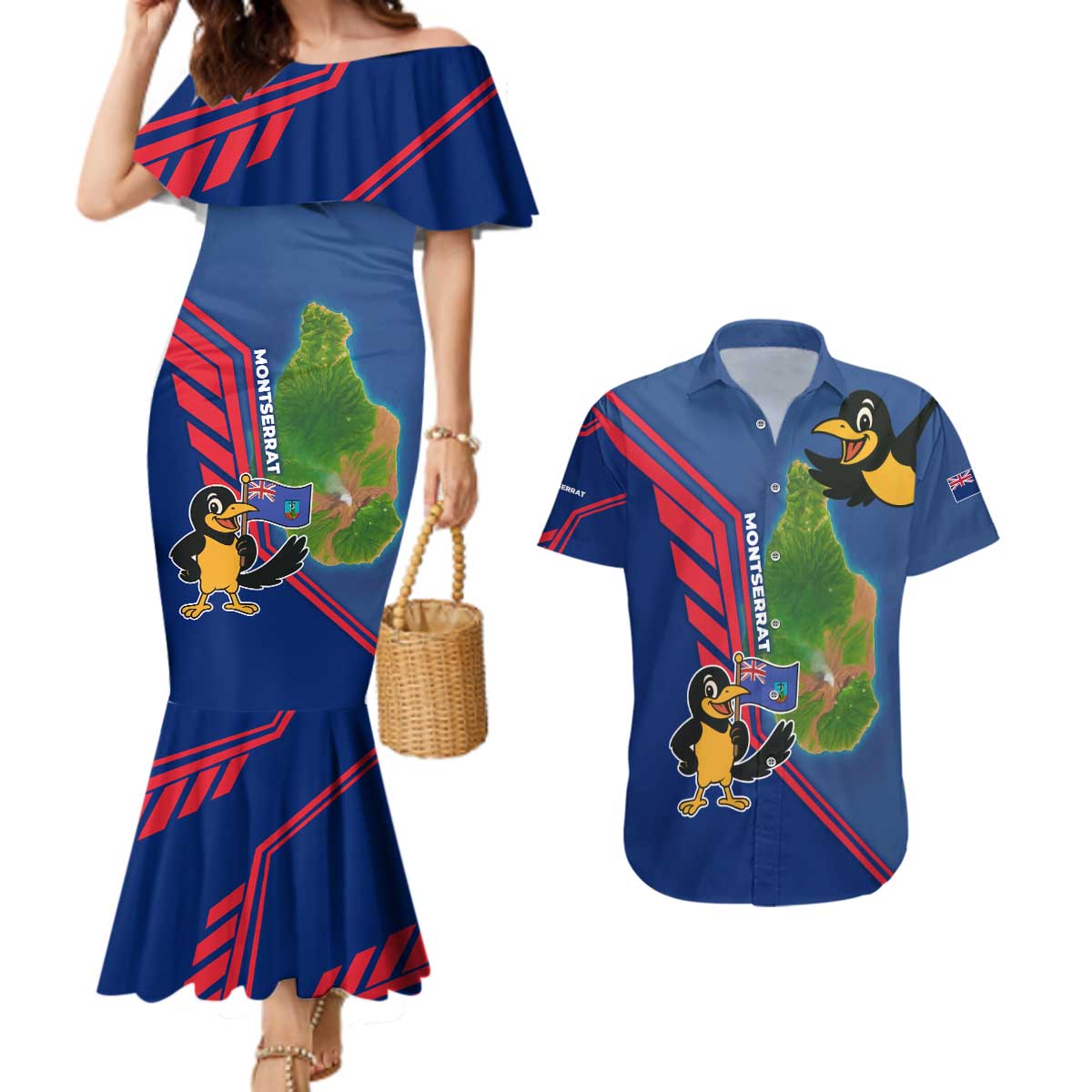 Montserrat Couples Matching Mermaid Dress and Hawaiian Shirt with Cartoon Bird and Island Map Blue Red Stripe Design - Wonder Print Shop