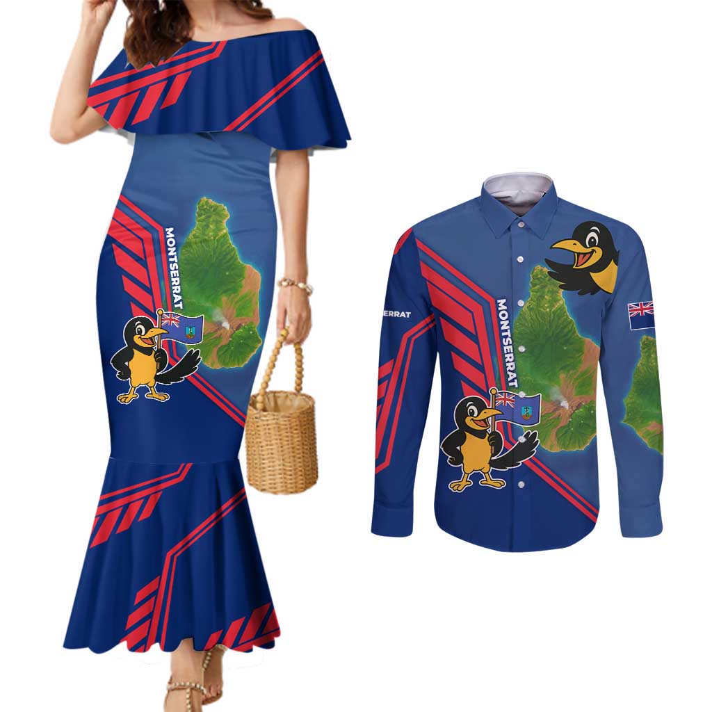 Montserrat Couples Matching Mermaid Dress and Long Sleeve Button Shirt with Cartoon Bird and Island Map Blue Red Stripe Design - Wonder Print Shop