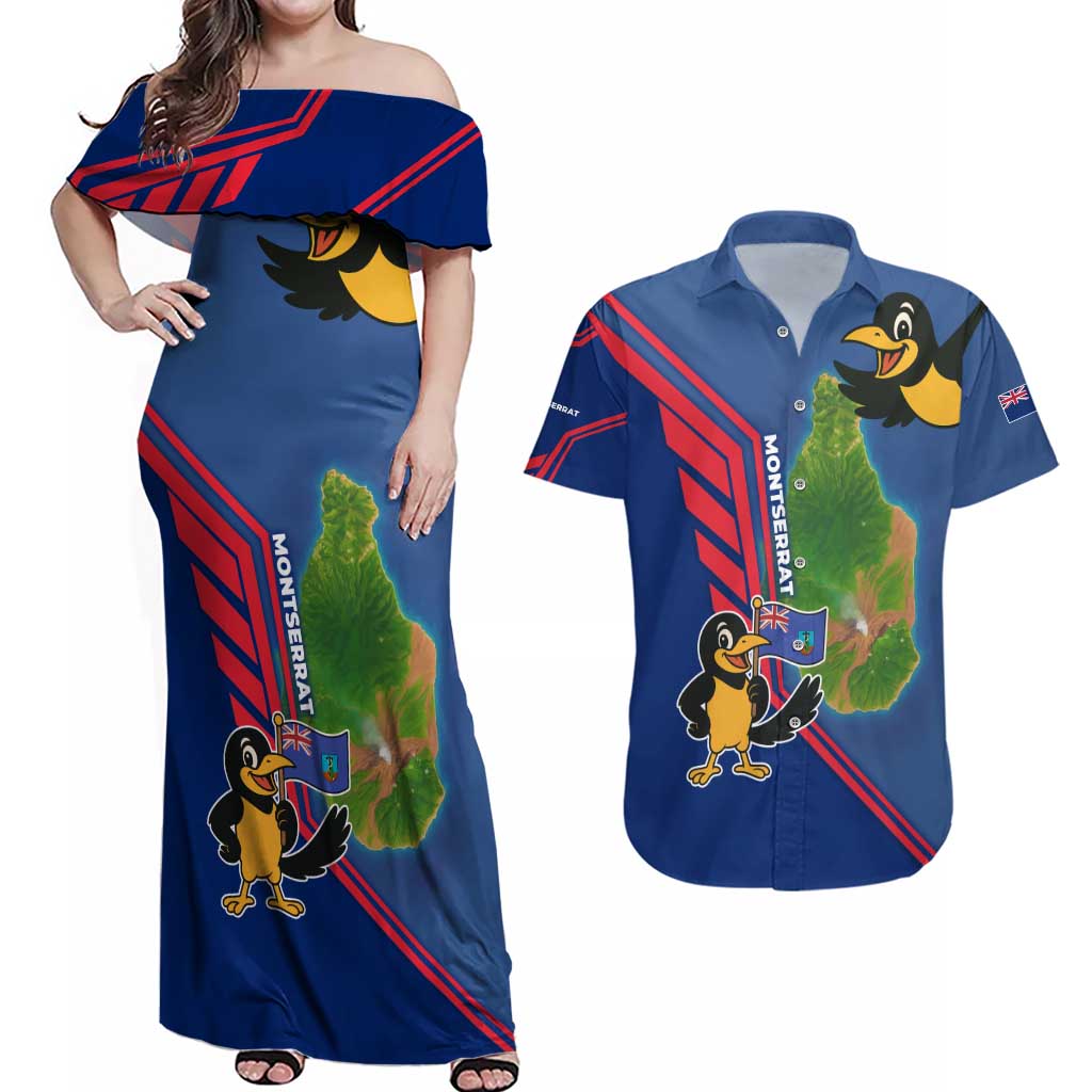 Montserrat Couples Matching Off Shoulder Maxi Dress and Hawaiian Shirt with Cartoon Bird and Island Map Blue Red Stripe Design - Wonder Print Shop